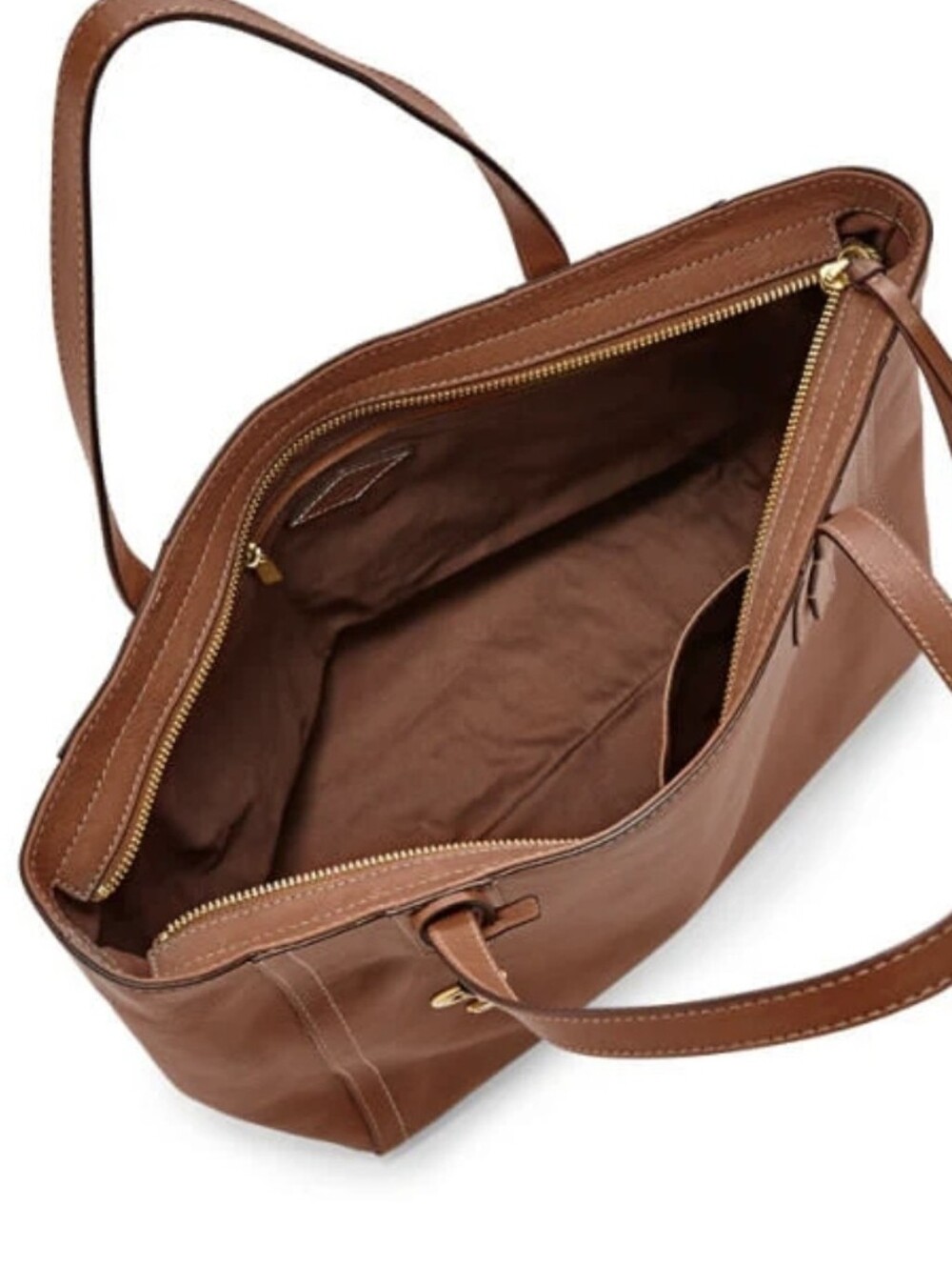 Fossil Emma Tote Leather Zip Top Tote Shoulder Bag Double Handle Purse Cognac - Picture 6 of 13